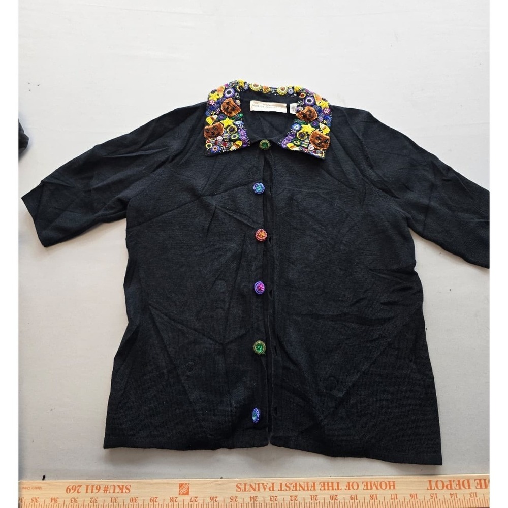 Marisa Christina Vintage Beaded Halloween Cardigan Black Short Sleeve Knit Small